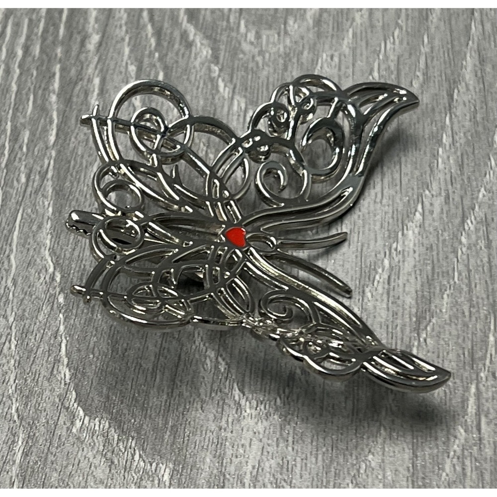 Neiman Marcus Figural Butterfly Scarf Hair Dress Lapel Clip Filigree Red Heart - Picture 4 of 8